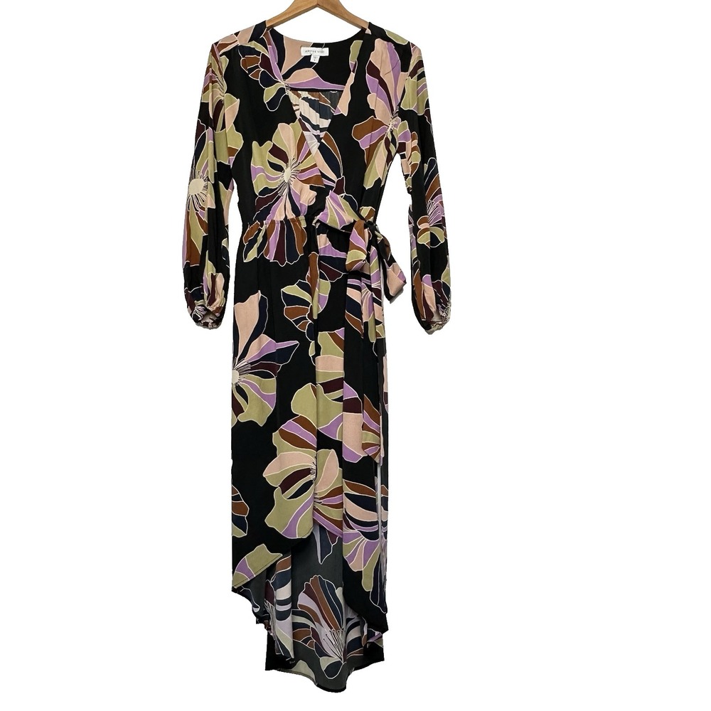 Amour Vert Silk Wrap Dress Size S Floral Midi Hi‎ Low Hem Colorful Boho